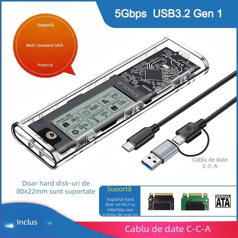 Carcasă SSD M.2 NVMe/NGFF cu dual-protocol, afișaj digital inteligent pentru sănătatea discului, USB 3.2 Gen2 Type-C, 10 Gbps, până la 4 TB