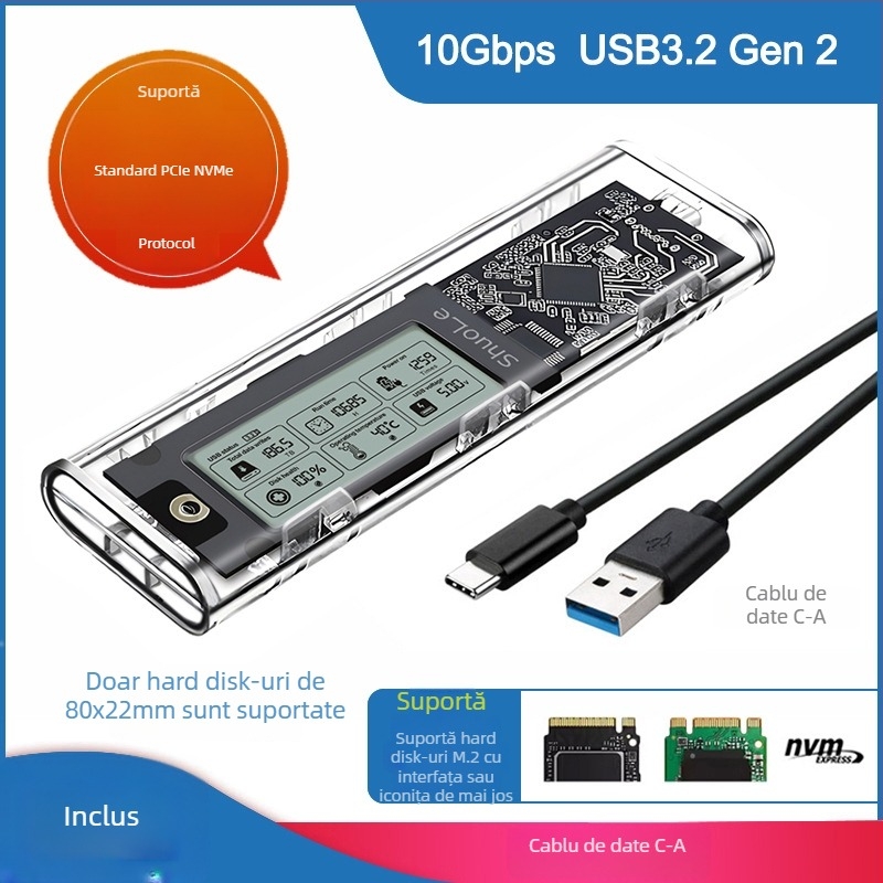 Carcasă SSD M.2 NVMe/NGFF cu dual-protocol, afișaj digital inteligent pentru sănătatea discului, USB 3.2 Gen2 Type-C, 10 Gbps, până la 4 TB