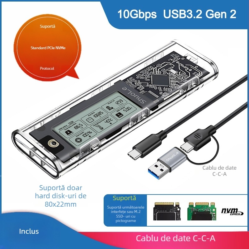 Carcasă SSD M.2 NVMe/NGFF cu dual-protocol, afișaj digital inteligent pentru sănătatea discului, USB 3.2 Gen2 Type-C, 10 Gbps, până la 4 TB