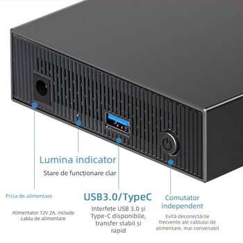 Carcasă pentru hard disk SATA, aliaj de aluminiu, desktop extern USB 3.0/Type-C, până la 18 TB, model ZZUC-111