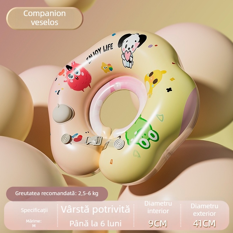 Inel de înot pentru bebeluși cu design desen animat, material PVC, umflare manuală, potrivit pentru piscină și parc acvatic