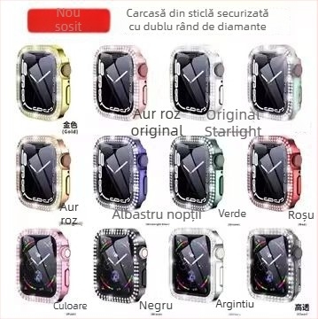Apple Watch S11 generație electroplată cu diamante în două rânduri, husă integrată încrustată complet cu diamante, corp din PC și folie temperată pentru ecran, S10