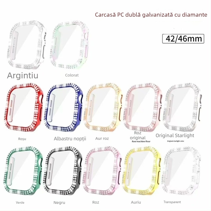 Apple Watch S11 generație electroplată cu diamante în două rânduri, husă integrată încrustată complet cu diamante, corp din PC și folie temperată pentru ecran, S10