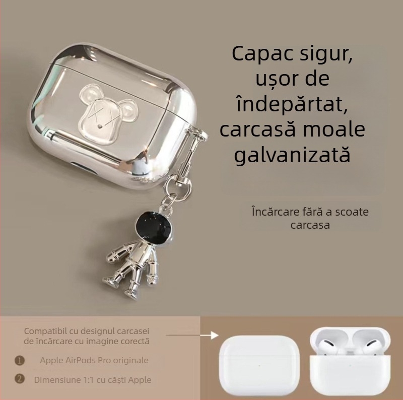 Carcasă pentru AirPods Pro 3 cu design urs și Apple Pro 2a generație – husă moale electroplată NASA, a 4-a generație