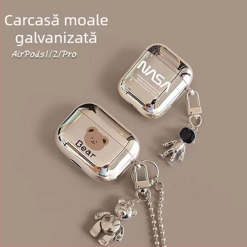 Carcasă pentru AirPods Pro 3 cu design urs și Apple Pro 2a generație – husă moale electroplată NASA, a 4-a generație