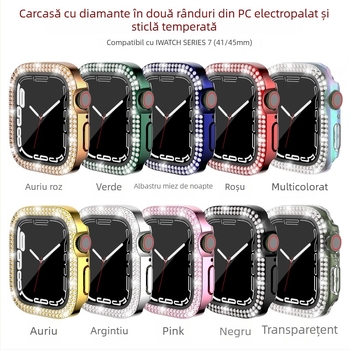 Carcasă Apple Watch pentru iWatch7/8/9/S10/S11, PC electroplacat, cristale în dublu rând, folie de protecție integrată