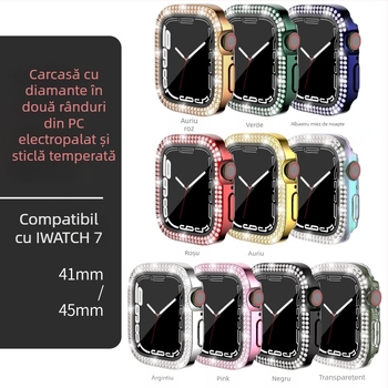 Carcasă Apple Watch pentru iWatch7/8/9/S10/S11, PC electroplacat, cristale în dublu rând, folie de protecție integrată