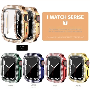 Carcasă Apple Watch pentru iWatch7/8/9/S10/S11, PC electroplacat, cristale în dublu rând, folie de protecție integrată