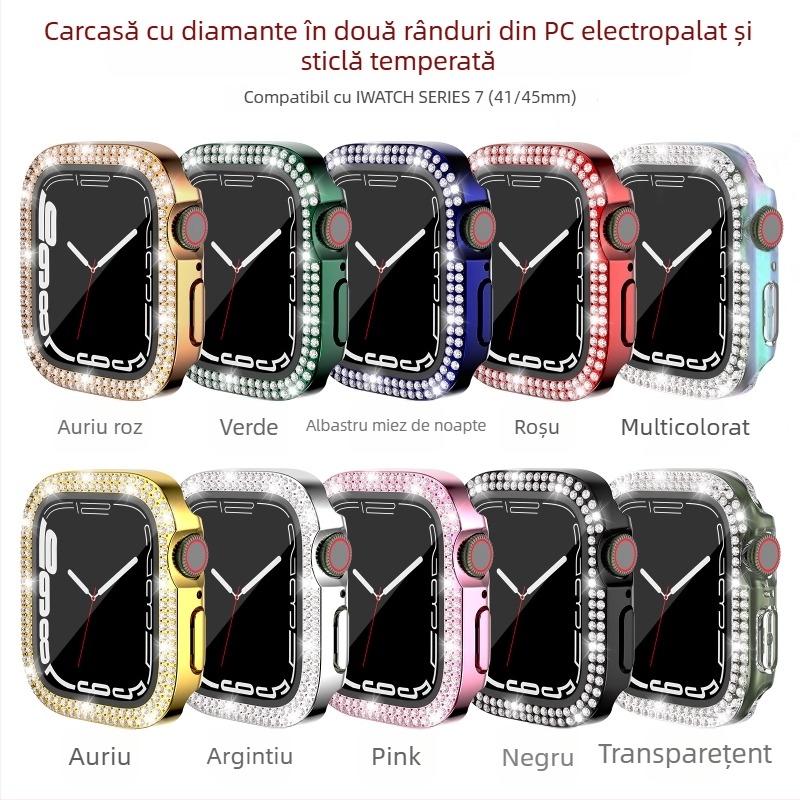Carcasă Apple Watch pentru iWatch7/8/9/S10/S11, PC electroplacat, cristale în dublu rând, folie de protecție integrată