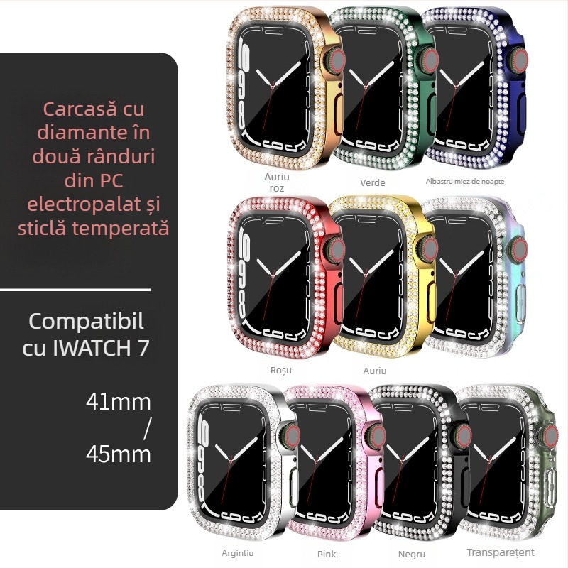 Carcasă Apple Watch pentru iWatch7/8/9/S10/S11, PC electroplacat, cristale în dublu rând, folie de protecție integrată