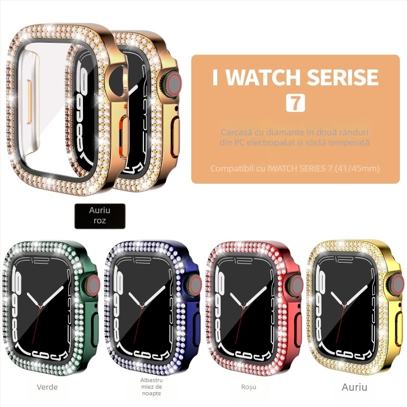 Carcasă Apple Watch pentru iWatch7/8/9/S10/S11, PC electroplacat, cristale în dublu rând, folie de protecție integrată