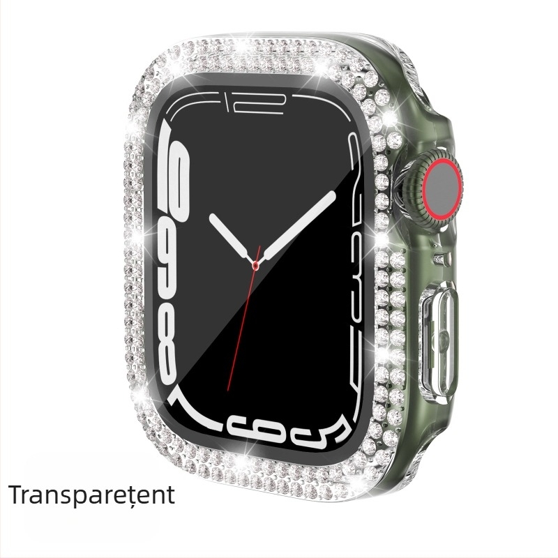 Carcasă Apple Watch pentru iWatch7/8/9/S10/S11, PC electroplacat, cristale în dublu rând, folie de protecție integrată