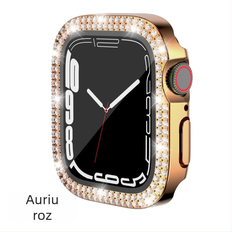 Carcasă Apple Watch pentru iWatch7/8/9/S10/S11, PC electroplacat, cristale în dublu rând, folie de protecție integrată
