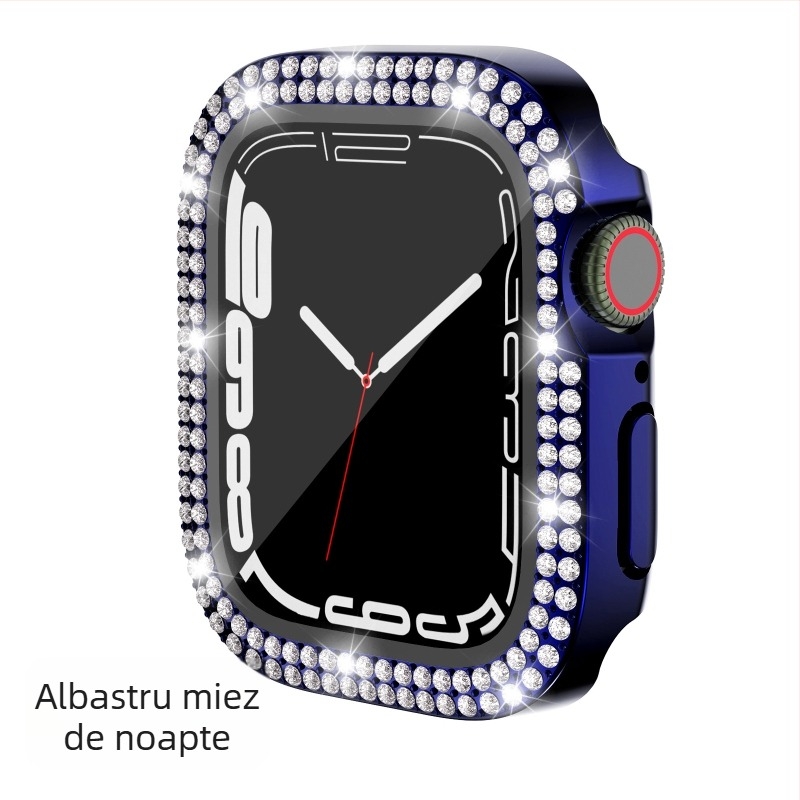 Carcasă Apple Watch pentru iWatch7/8/9/S10/S11, PC electroplacat, cristale în dublu rând, folie de protecție integrată