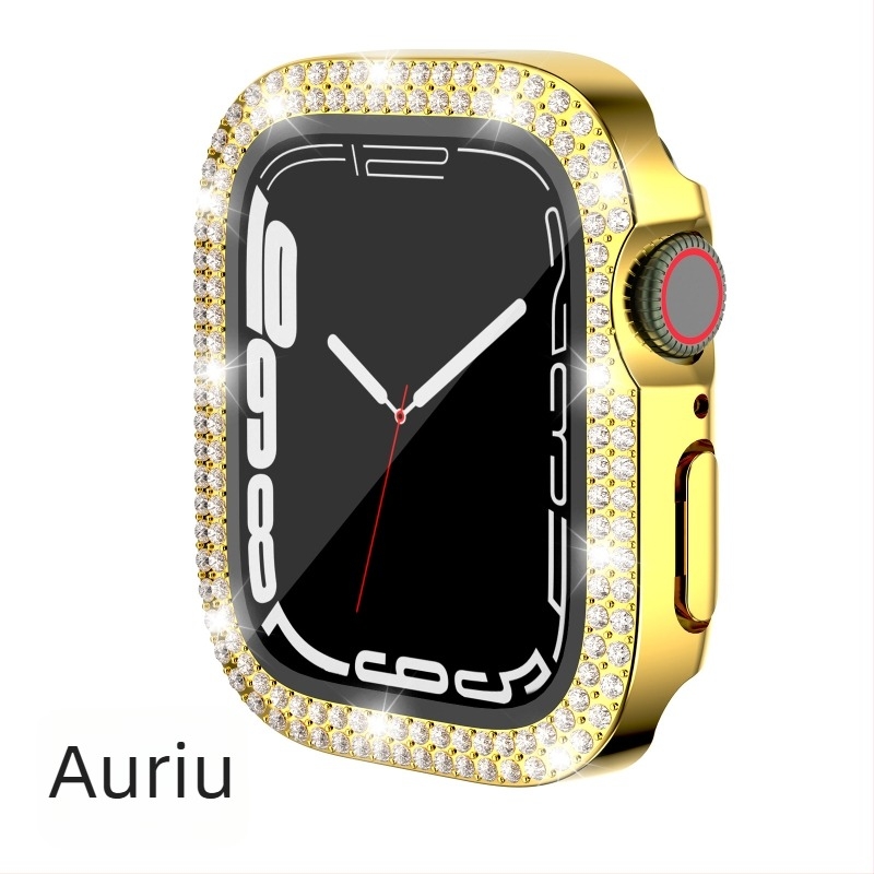 Carcasă Apple Watch pentru iWatch7/8/9/S10/S11, PC electroplacat, cristale în dublu rând, folie de protecție integrată