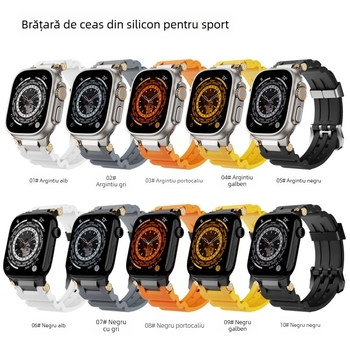 Brățară pentru Apple iWatch 11, curea sport din silicon cu dublă catarâmă și cap din oțel inoxidabil (Material: oțel inoxidabil 316L + silicion de înaltă rezistență; Compatibilitate: Apple iWatch 11; Cataramă: dublă; Cap: oțel inoxidabil)