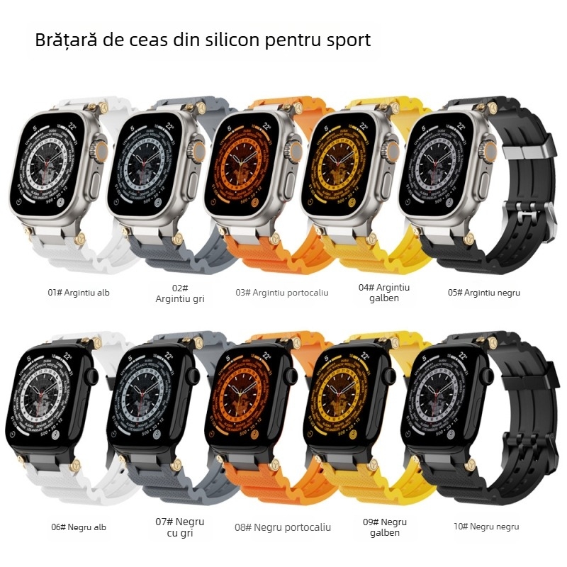 Brățară pentru Apple iWatch 11, curea sport din silicon cu dublă catarâmă și cap din oțel inoxidabil (Material: oțel inoxidabil 316L + silicion de înaltă rezistență; Compatibilitate: Apple iWatch 11; Cataramă: dublă; Cap: oțel inoxidabil)