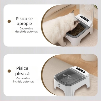 Hrănitor automat pentru pisici și câini, cu capac acționat prin senzor și menținerea prospețimii în bol ceramic
