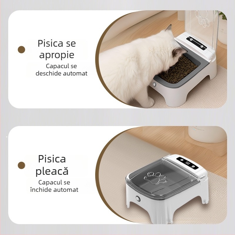 Hrănitor automat pentru pisici și câini, cu capac acționat prin senzor și menținerea prospețimii în bol ceramic