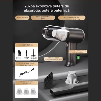 Aspirator de mână pentru mașină cu încărcare wireless, aspirație puternică 11000 Pa, compact, 120 W putere de intrare