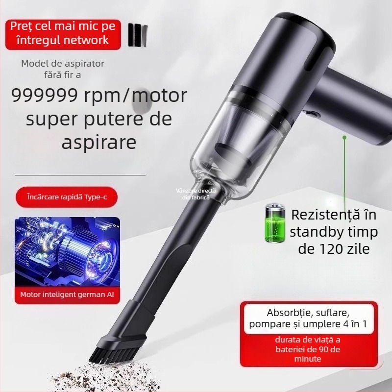 Aspirator de mână pentru mașină cu încărcare wireless, aspirație puternică 11000 Pa, compact, 120 W putere de intrare