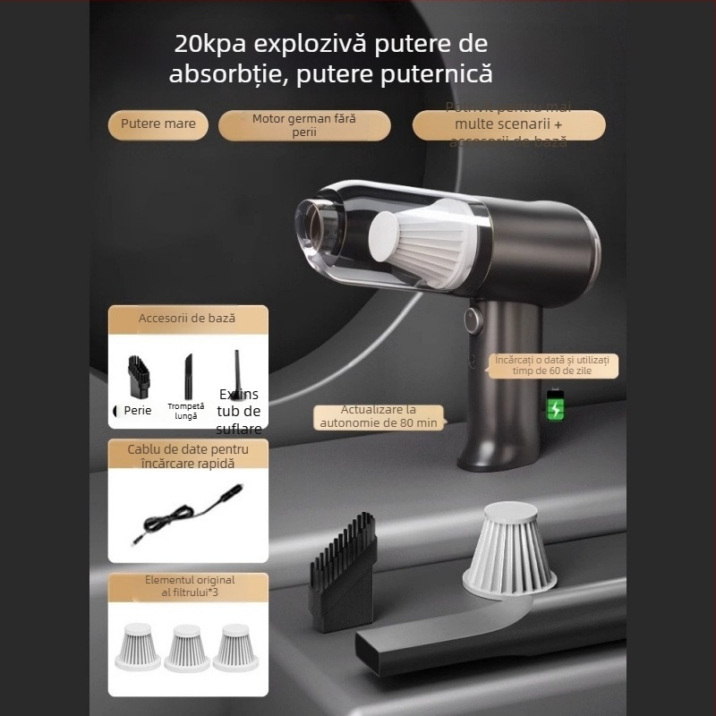 Aspirator de mână pentru mașină cu încărcare wireless, aspirație puternică 11000 Pa, compact, 120 W putere de intrare