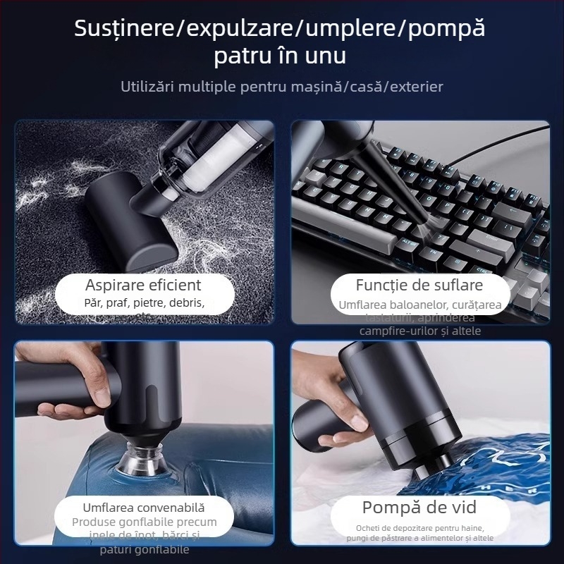 Aspirator de mână pentru mașină cu încărcare wireless, aspirație puternică 11000 Pa, compact, 120 W putere de intrare