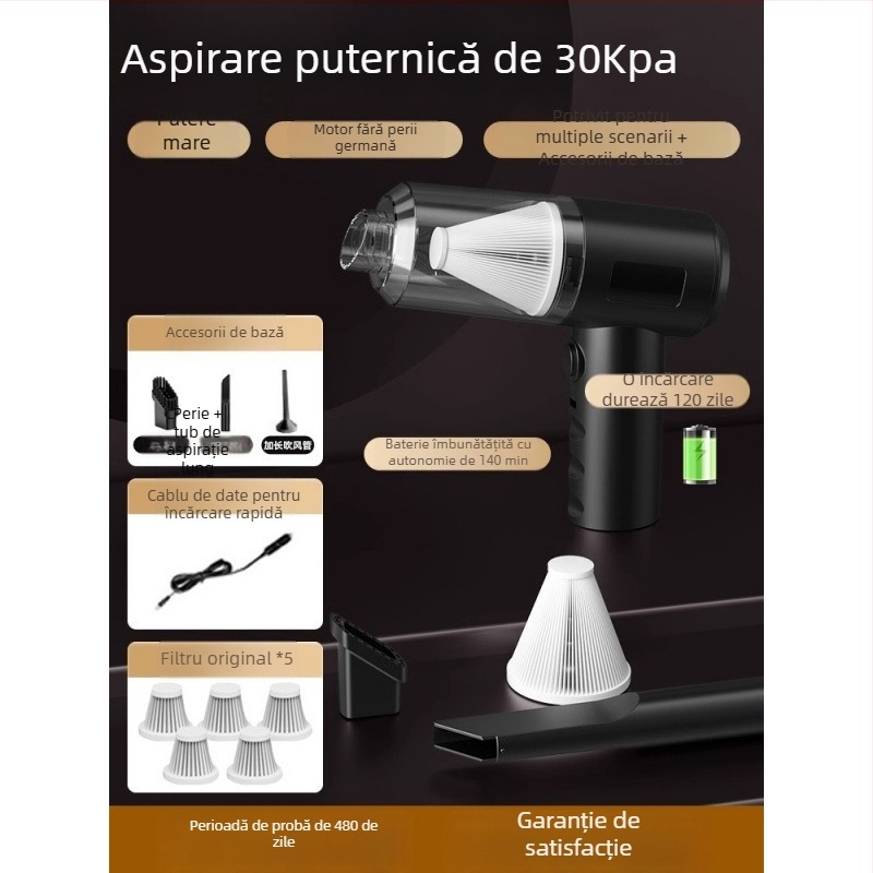 Aspirator de mână pentru mașină cu încărcare wireless, aspirație puternică 11000 Pa, compact, 120 W putere de intrare