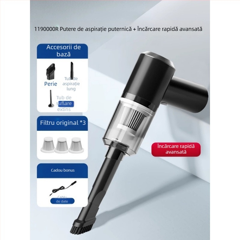 Aspirator de mână pentru mașină cu încărcare wireless, aspirație puternică 11000 Pa, compact, 120 W putere de intrare