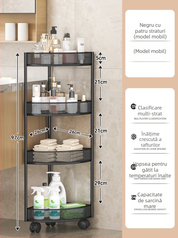 Dulap de depozitare triunghiular pentru baie, podea, din fier, cu 4 rafturi