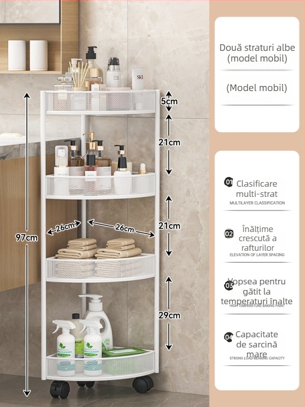 Dulap de depozitare triunghiular pentru baie, podea, din fier, cu 4 rafturi