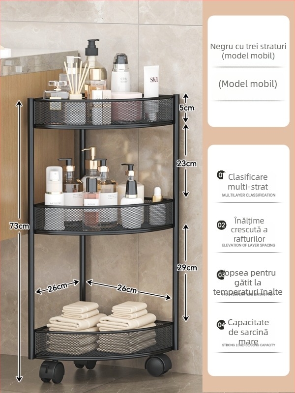 Dulap de depozitare triunghiular pentru baie, podea, din fier, cu 4 rafturi