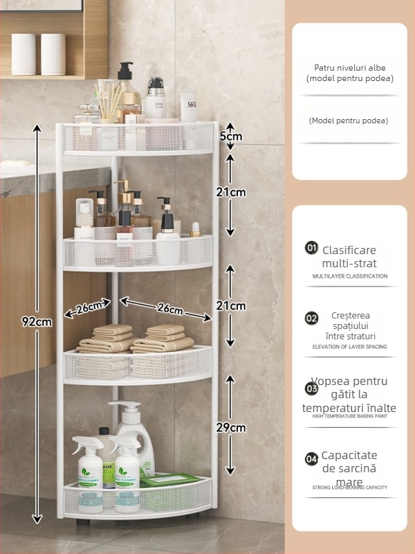 Dulap de depozitare triunghiular pentru baie, podea, din fier, cu 4 rafturi