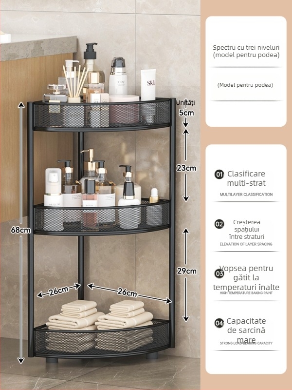 Dulap de depozitare triunghiular pentru baie, podea, din fier, cu 4 rafturi