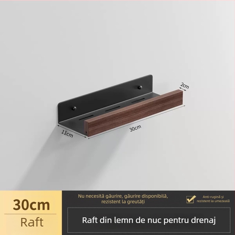Raft de baie din nuc — montaj fără găuri în perete; combinație aluminiu și lemn, sarcină până la 40 kg, un singur nivel, tratament de suprafață: spray fără praf și ceară impermeabilă anti mucegai, stil modern minimalist