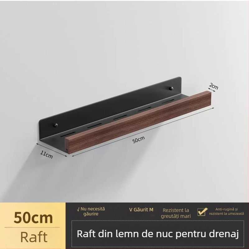 Raft de baie din nuc — montaj fără găuri în perete; combinație aluminiu și lemn, sarcină până la 40 kg, un singur nivel, tratament de suprafață: spray fără praf și ceară impermeabilă anti mucegai, stil modern minimalist