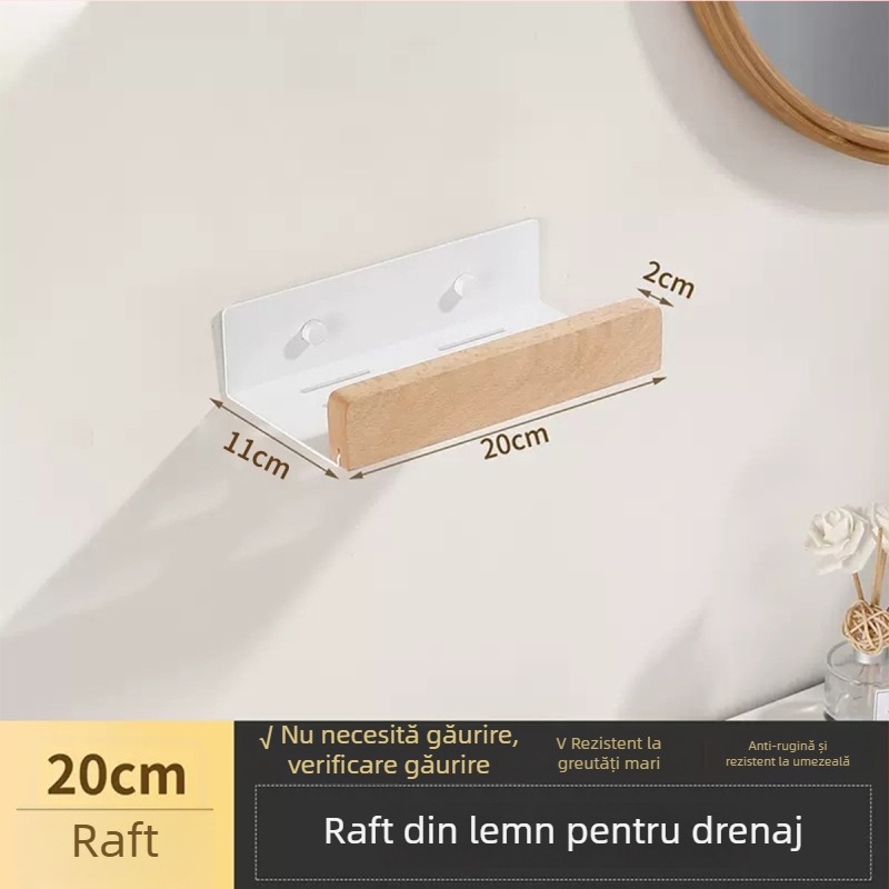 Raft de baie din nuc — montaj fără găuri în perete; combinație aluminiu și lemn, sarcină până la 40 kg, un singur nivel, tratament de suprafață: spray fără praf și ceară impermeabilă anti mucegai, stil modern minimalist