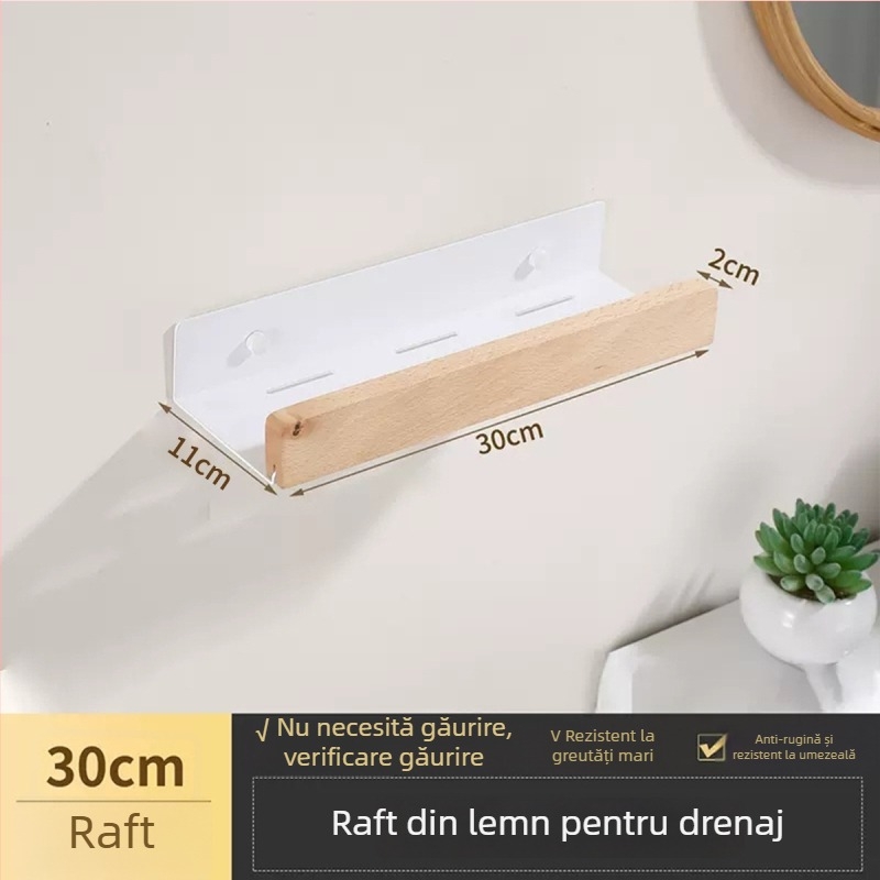 Raft de baie din nuc — montaj fără găuri în perete; combinație aluminiu și lemn, sarcină până la 40 kg, un singur nivel, tratament de suprafață: spray fără praf și ceară impermeabilă anti mucegai, stil modern minimalist