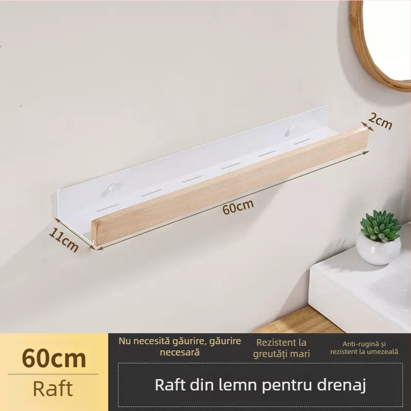 Raft de baie din nuc — montaj fără găuri în perete; combinație aluminiu și lemn, sarcină până la 40 kg, un singur nivel, tratament de suprafață: spray fără praf și ceară impermeabilă anti mucegai, stil modern minimalist