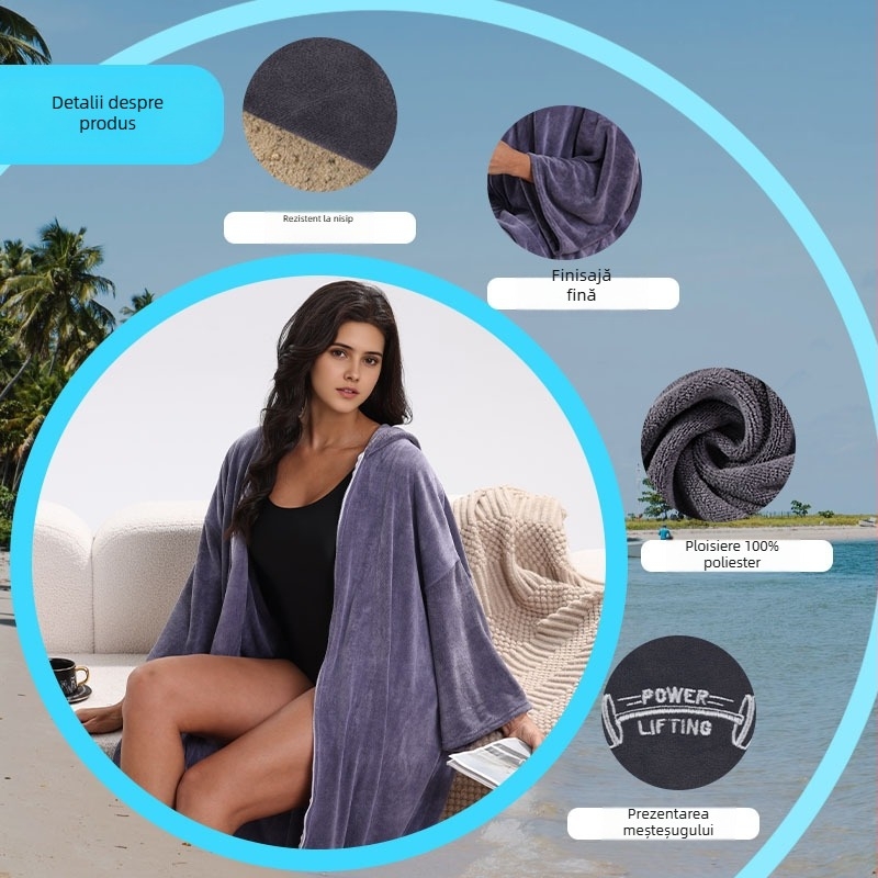Halat de baie unisex din microfibră cu glugă, poncho, uscare rapidă și prosop absorbant, 400–500 g, fir 150d, țesătură simplă