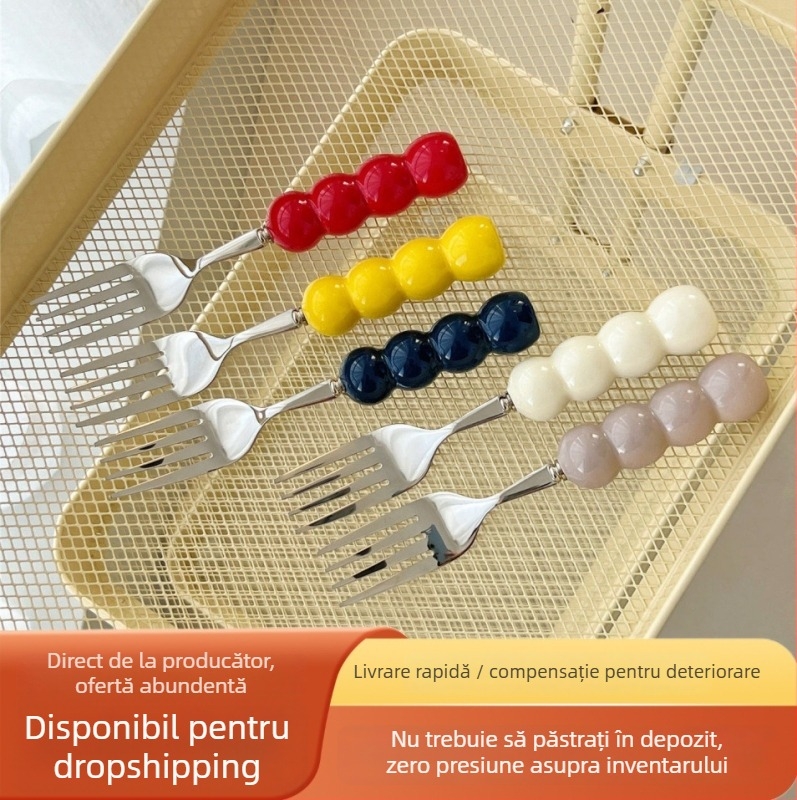 Set tacâmuri cu mâner ceramic, cuțit, furculiță și lingură, oțel inoxidabil 304, luciu oglindit, culoare solidă, stil proaspăt și drăguț