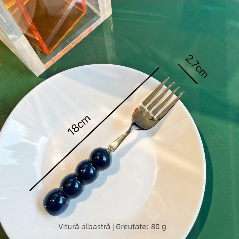 Set tacâmuri cu mâner ceramic, cuțit, furculiță și lingură, oțel inoxidabil 304, luciu oglindit, culoare solidă, stil proaspăt și drăguț