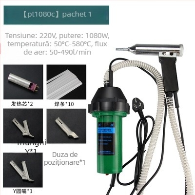 Pistol de aer cald industrial pentru sudură plastic, 1080W, 50–580°C, 220V, lungime 220 mm