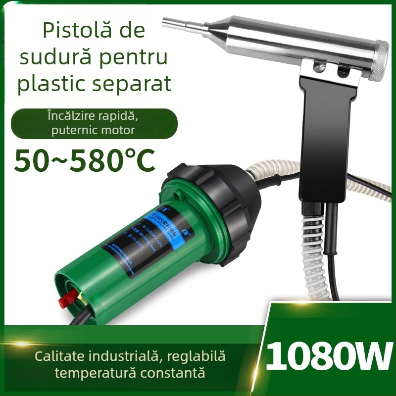 Pistol de aer cald industrial pentru sudură plastic, 1080W, 50–580°C, 220V, lungime 220 mm