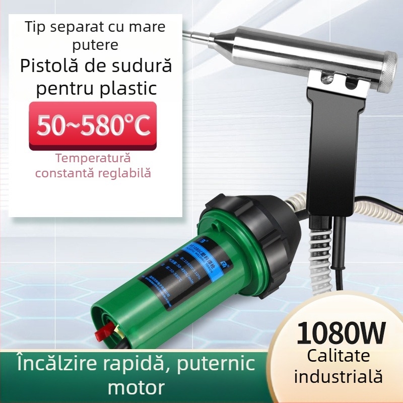Pistol de aer cald industrial pentru sudură plastic, 1080W, 50–580°C, 220V, lungime 220 mm