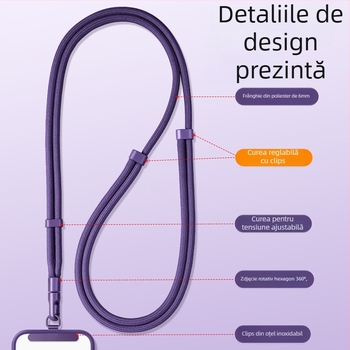 Lanard pentru telefon YAGEEN, lungime reglabilă, rotire la 360°, clipsă de curea anti-furt, poliester
