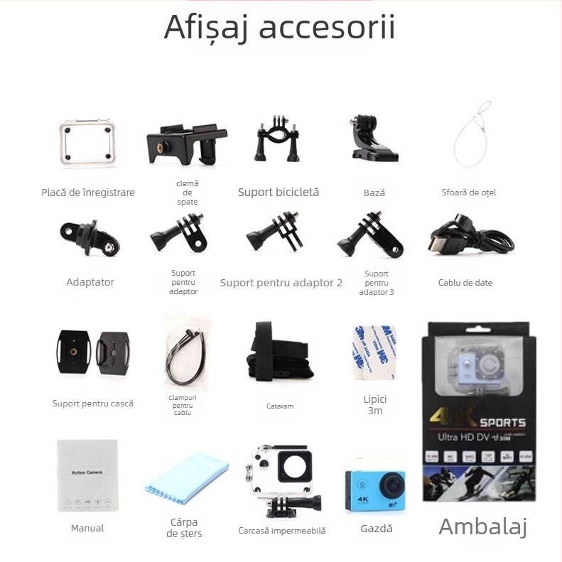 Cameră pentru cască de motocicletă cu stabilizare duală, înregistrare 4K, panoramă 360°, ecran LCD 1,5", zoom optic 10x