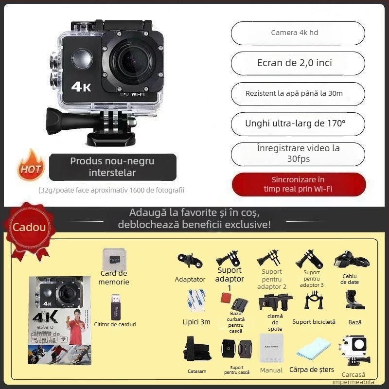 Cameră pentru cască de motocicletă cu stabilizare duală, înregistrare 4K, panoramă 360°, ecran LCD 1,5", zoom optic 10x