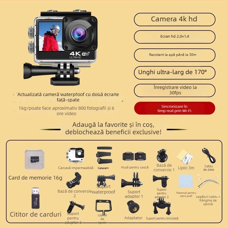 Cameră pentru cască de motocicletă cu stabilizare duală, înregistrare 4K, panoramă 360°, ecran LCD 1,5", zoom optic 10x