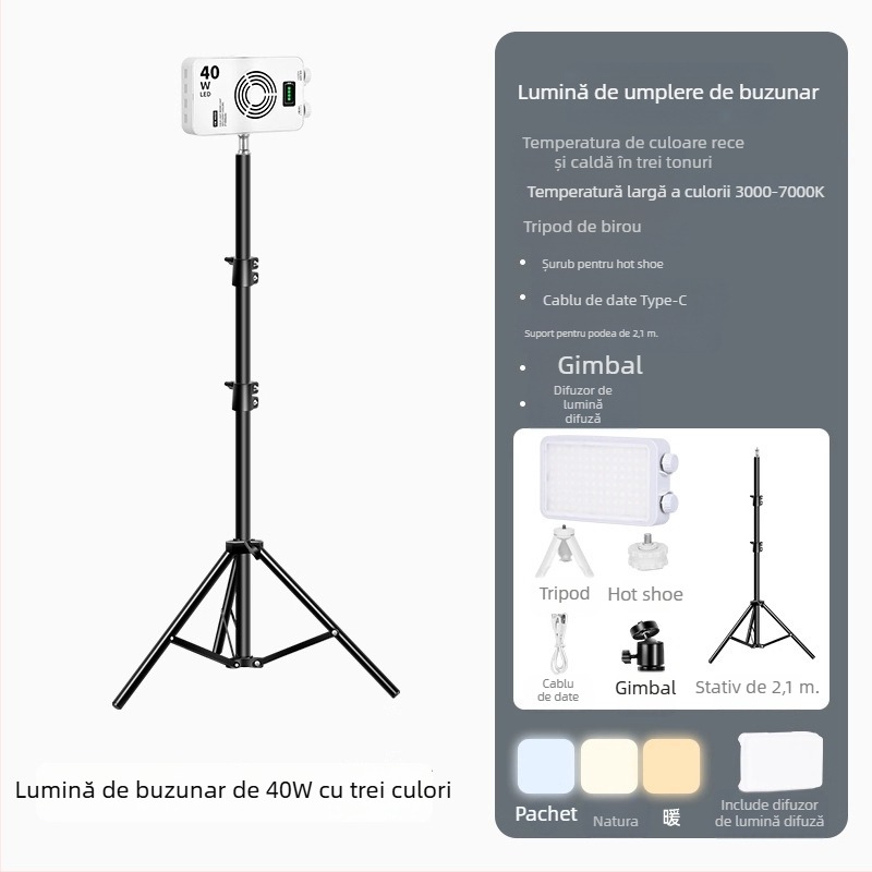 Lumină LED de umplere de 40W - portabilă, cu baterie încorporată, 7.4V, pentru streaming live, fotografie și video, în aer liber